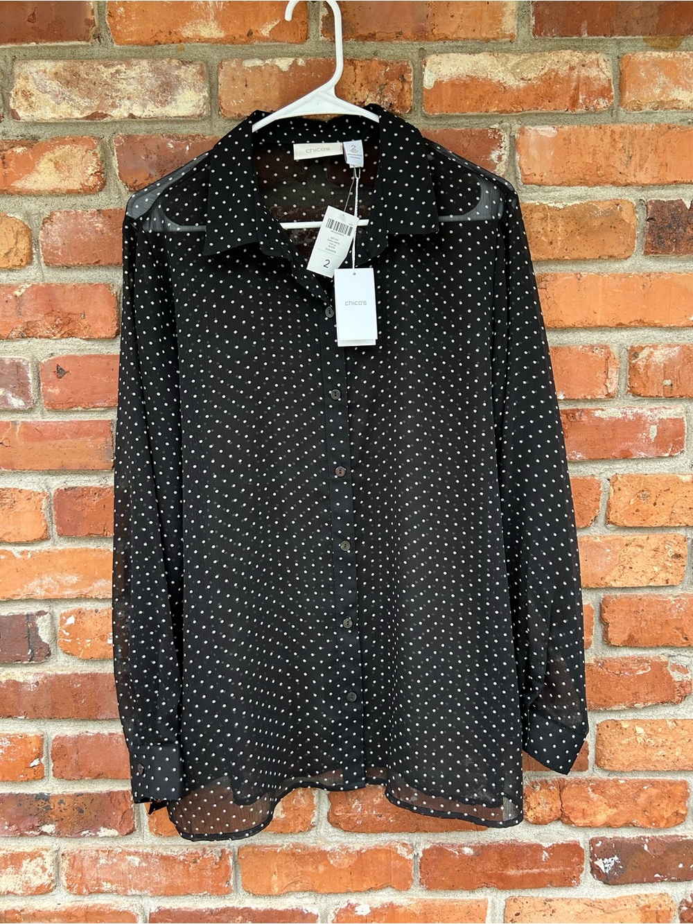 Chico’s NWT Black Polka Dot Button-Up Shirt L/S Sheer Lightweight 2/L
